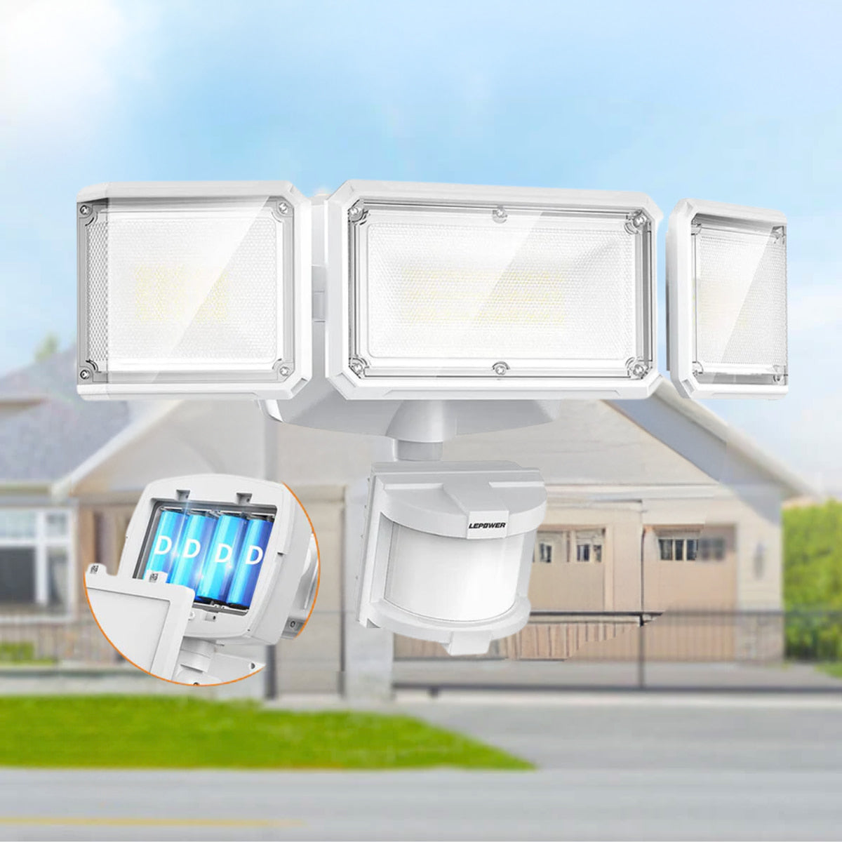 Lepower-tec Battery Operated Motion Sensor Security Lights with Adjustable 3-Head 1500LM