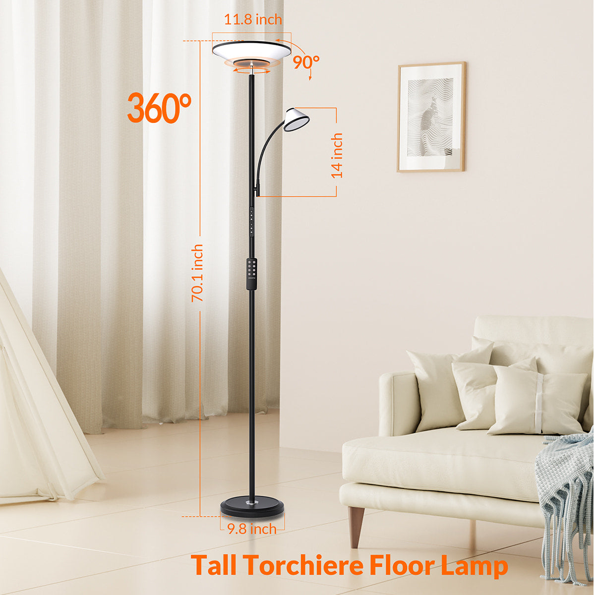 Lepower-tec Torchiere Standing Lamp with Wall Switch and Remote